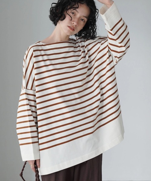 AMERICAN HOLIC(アメリカンホリック)の「パネルボーダーボートネックカットプルオーバー(Tシャツ/カットソー・レディース・ブラック/オフホワイト/ブラウン・M/L)」の2枚目の写真