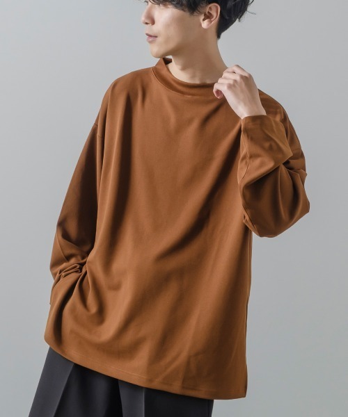 improves(インプローブス)の「カットジョーゼット オーバーサイズ モックネック ロンT セットアップ対応(Tシャツ/カットソー・メンズ・ブラック/ベージュ/ブラウン/ライトブラウン/杢グレー/チャコールグレー/ネイビー/オリーブ/カーキ・LARGE/MEDIUM)」の1枚目の写真