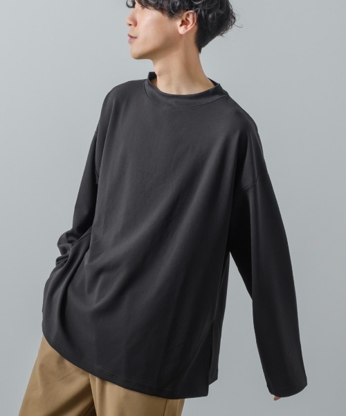 improves(インプローブス)の「カットジョーゼット オーバーサイズ モックネック ロンT セットアップ対応(Tシャツ/カットソー・メンズ・ブラック/ベージュ/ブラウン/ライトブラウン/杢グレー/チャコールグレー/ネイビー/オリーブ/カーキ・LARGE/MEDIUM)」の2枚目の写真