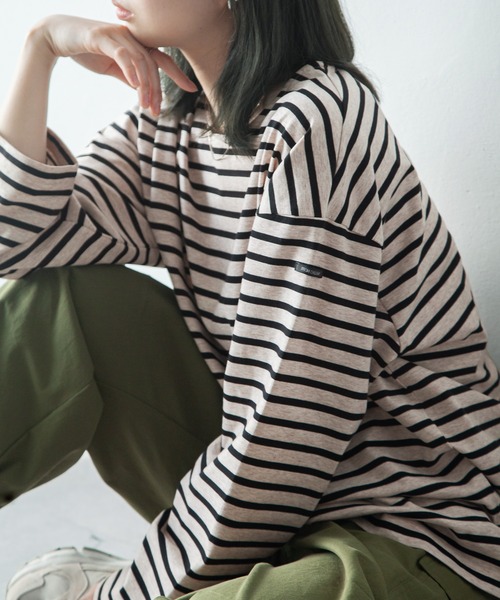 Chillfar（チルファー）の「ラベルボーダーロンT（Tシャツ/カットソー・レディース・ホワイト×レッド/ホワイト×グリーン/ホワイト×ブルー/ホワイト×ブラック/ブラック×ホワイト/ホワイト系/ブルー系/ブルー系1/ブラック系・FREE）」の8枚目の写真