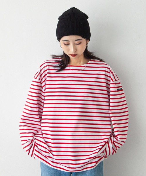 Chillfar（チルファー）の「ラベルボーダーロンT（Tシャツ/カットソー・レディース・ホワイト×レッド/ホワイト×グリーン/ホワイト×ブルー/ホワイト×ブラック/ブラック×ホワイト/ホワイト系/ブルー系/ブルー系1/ブラック系・FREE）」の2枚目の写真