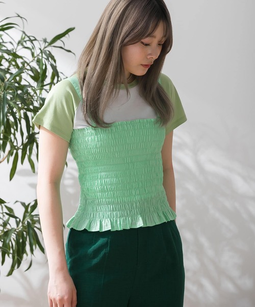 HEYUMM（ヘユム）の「シャーリングフリルトップ（キャミソール・レディース・ライトブルー/ブラック/ミント・ONE）」の12枚目の写真