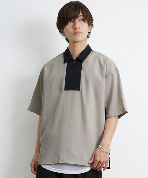 MinoriTY(マイノリティ)の「【MinoriTY】ハーフジップ切替シャツ 半袖シャツ メンズ 無地 秋服 夏服(シャツ/ブラウス・メンズ・ベージュ/ブルー/グリーン・M/L)」の1枚目の写真