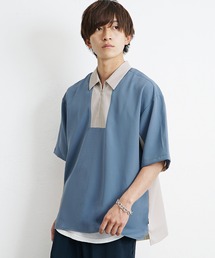 【MinoriTY】ハーフジップ切替シャツ 半袖シャツ メンズ 無地 秋服 夏服