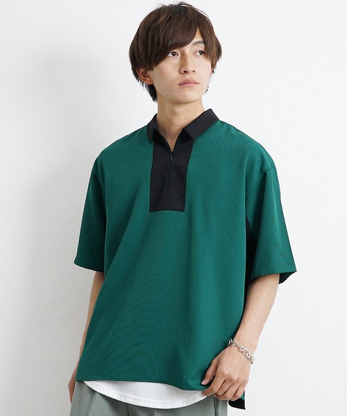 MinoriTY(マイノリティ)の「【MinoriTY】ハーフジップ切替シャツ 半袖シャツ メンズ 無地 秋服 夏服(シャツ/ブラウス・メンズ・ベージュ/ブルー/グリーン・M/L)」の2枚目の写真