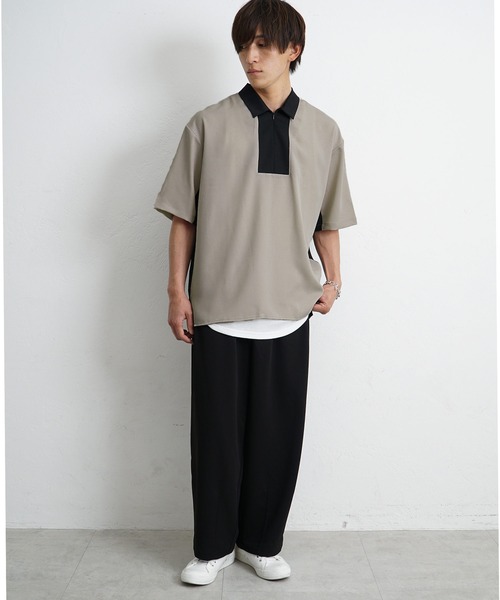 MinoriTY(マイノリティ)の「【MinoriTY】ハーフジップ切替シャツ 半袖シャツ メンズ 無地 秋服 夏服(シャツ/ブラウス・メンズ・ベージュ/ブルー/グリーン・M/L)」の4枚目の写真