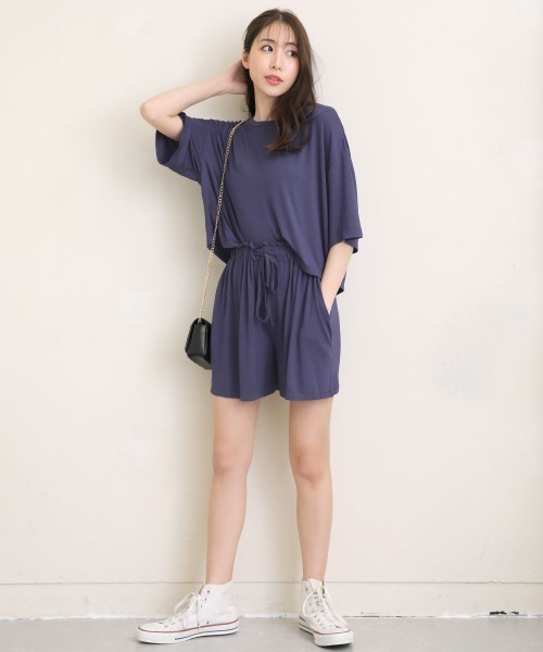 大人シンプルハイウエストショートパンツ上下セット