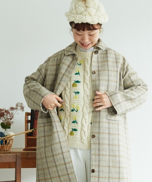 chambre de charme（シャンブルドゥシャーム）の「cdc リサイクルウール 先染め ゆるりコート（ステンカラーコート・レディース・クリーム/ネイビー・FREE）」の3枚目の写真