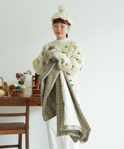 chambre de charme（シャンブルドゥシャーム）の「cdc リサイクルウール 先染め ゆるりコート（ステンカラーコート・レディース・クリーム/ネイビー・FREE）」の12枚目の写真