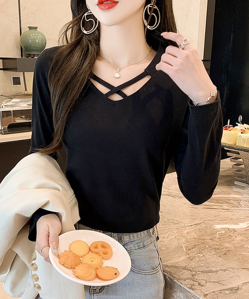 Primazel(プリマゼル)の「フロントクロス長袖トップス(Tシャツ/カットソー・レディース・ブラック/ホワイト・M)」の11枚目の写真