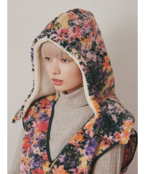 merry jenny（メリージェニー）の「fluffy floralボアフード（ニットキャップ/ビーニー・レディース・ブラック/ピンク・FREE）」の10枚目の写真