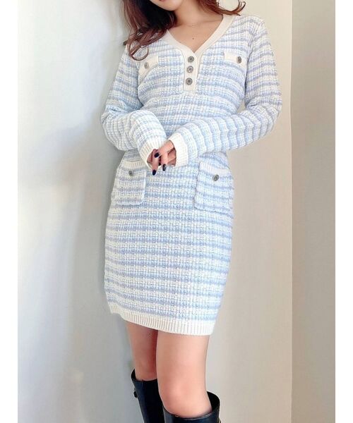 RESEXXY（リゼクシー）の「ツイードミニニットワンピース（ワンピース・レディース・アイボリー/ブラック/ブルー・FREE）」の3枚目の写真