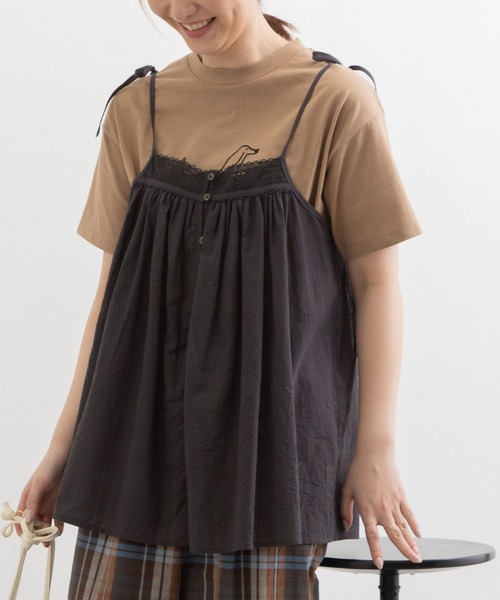 POU DOU DOU（プードゥドゥ）の「キャミソールブラウス（キャミソール・レディース・オフホワイト/グリーン/ダークグレー・3）」の3枚目の写真