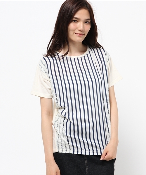 OUTLET（アウトレット）の「【CIAOPANIC TYPY】ストライプ×レースT（シャツ/ブラウス・レディース・ホワイト/グレー・FREE）」の2枚目の写真