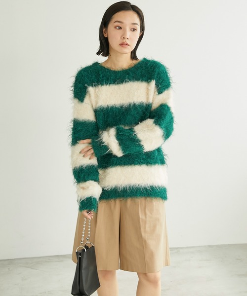 Chaco closet（チャコ クローゼット）の「シャギーニットワイドボーダーオーバーサイズプルオーバー（ニット/セーター・レディース・ネイビー/レッド/ブラック/グリーン・FREE）」の8枚目の写真