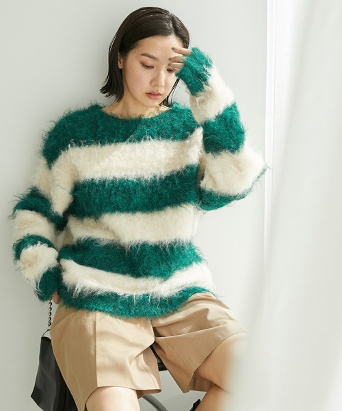 Chaco closet（チャコ クローゼット）の「シャギーニットワイドボーダーオーバーサイズプルオーバー（ニット/セーター・レディース・ネイビー/レッド/ブラック/グリーン・FREE）」の11枚目の写真