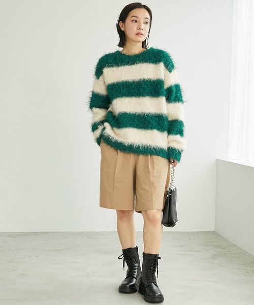 Chaco closet（チャコ クローゼット）の「シャギーニットワイドボーダーオーバーサイズプルオーバー（ニット/セーター・レディース・ネイビー/レッド/ブラック/グリーン・FREE）」の12枚目の写真