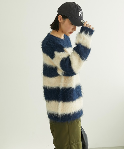 Chaco closet（チャコ クローゼット）の「シャギーニットワイドボーダーオーバーサイズプルオーバー（ニット/セーター・レディース・ネイビー/レッド/ブラック/グリーン・FREE）」の18枚目の写真