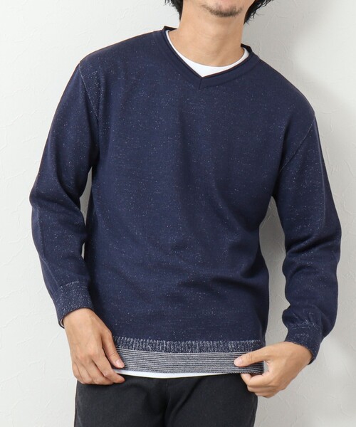 NOLLEY'S goodman（ノーリーズグッドマン）の「ロンT付き プレーティング レイヤード Vネックニット（ニット/セーター・メンズ・ネイビー/グレー/イエロー/チャコールグレー・M/L/XL）」の3枚目の写真