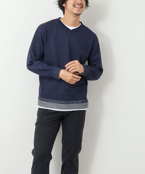 NOLLEY'S goodman（ノーリーズグッドマン）の「ロンT付き プレーティング レイヤード Vネックニット（ニット/セーター・メンズ・ネイビー/グレー/イエロー/チャコールグレー・M/L/XL）」の16枚目の写真