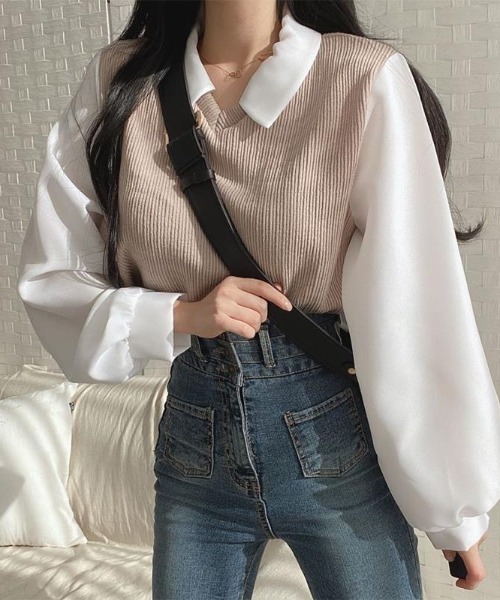 Achic(アシック)の「【新色追加】配色トップス 長袖 ロング袖 韓国ファッション(Tシャツ/カットソー・レディース・ブルー/ベージュ/ブラック・M)」の11枚目の写真