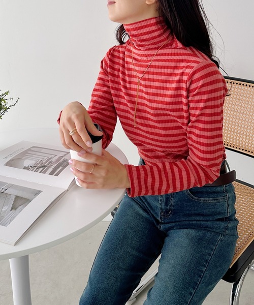CLEA(クレア)の「カラーボーダーハイネックトップス(Tシャツ/カットソー・レディース・グリーン/ブラック/レッド/ブラウン/オレンジ・FREE)」の16枚目の写真