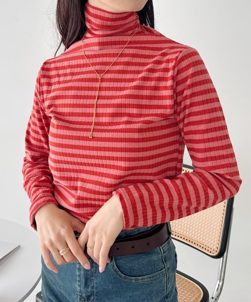 CLEA(クレア)の「カラーボーダーハイネックトップス(Tシャツ/カットソー・レディース・グリーン/ブラック/レッド/ブラウン/オレンジ・FREE)」の10枚目の写真