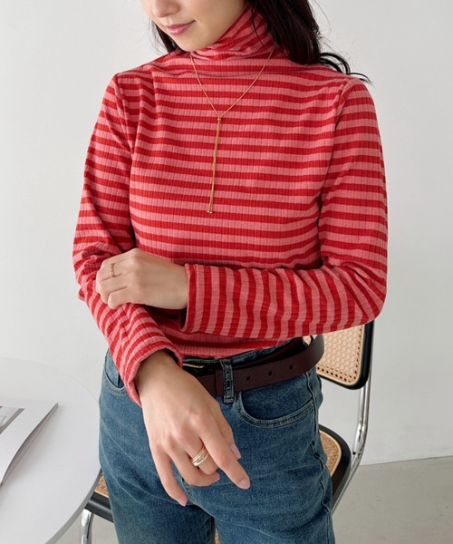 CLEA(クレア)の「カラーボーダーハイネックトップス(Tシャツ/カットソー・レディース・グリーン/ブラック/レッド/ブラウン/オレンジ・FREE)」の12枚目の写真