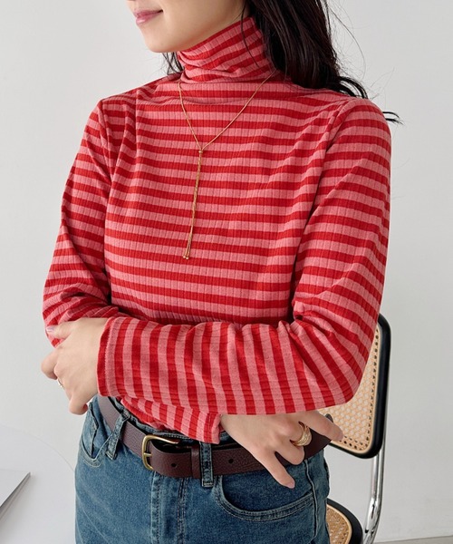CLEA(クレア)の「カラーボーダーハイネックトップス(Tシャツ/カットソー・レディース・グリーン/ブラック/レッド/ブラウン/オレンジ・FREE)」の11枚目の写真