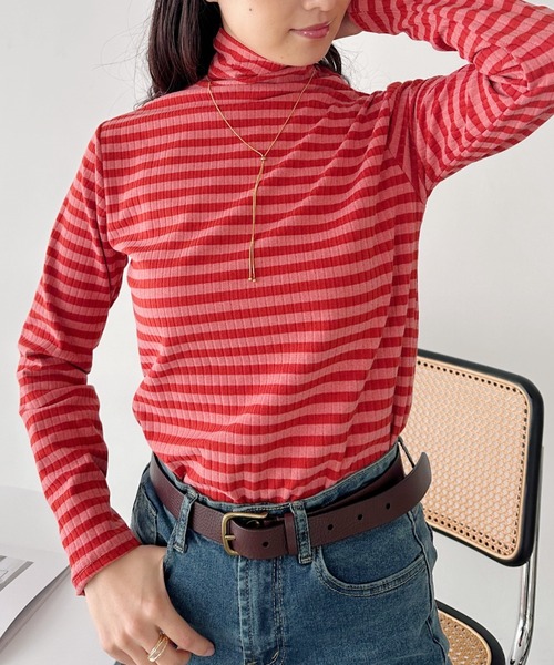 CLEA(クレア)の「カラーボーダーハイネックトップス(Tシャツ/カットソー・レディース・グリーン/ブラック/レッド/ブラウン/オレンジ・FREE)」の14枚目の写真