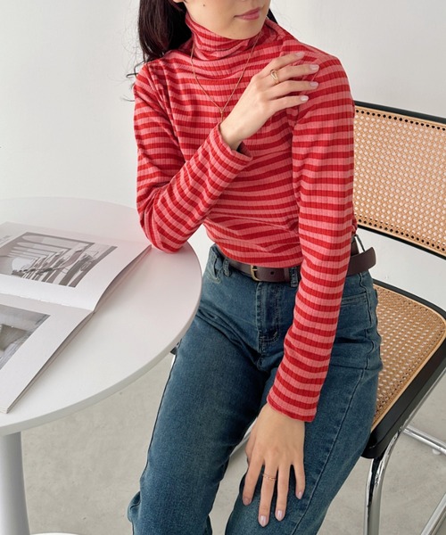 CLEA(クレア)の「カラーボーダーハイネックトップス(Tシャツ/カットソー・レディース・グリーン/ブラック/レッド/ブラウン/オレンジ・FREE)」の15枚目の写真