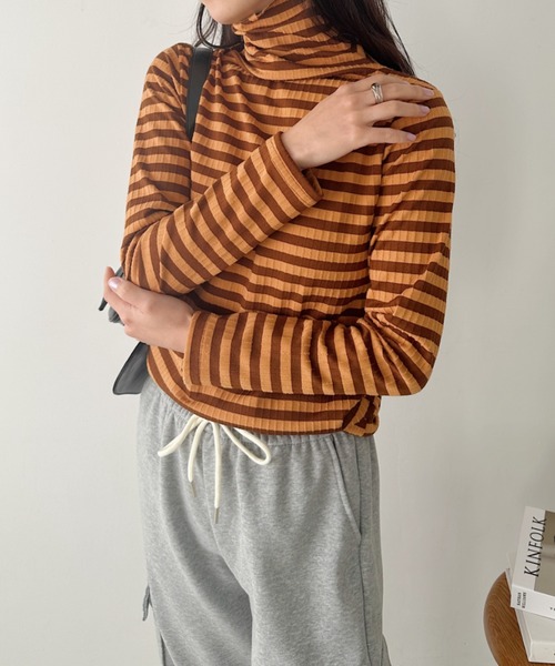 CLEA(クレア)の「カラーボーダーハイネックトップス(Tシャツ/カットソー・レディース・グリーン/ブラック/レッド/ブラウン/オレンジ・FREE)」の20枚目の写真