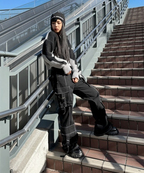 LVEU.（ラブユ.）の「【LVEU.】ステッチデザインデニムカーゴパンツ / ボトムス デニム パンツ ワイド ルーズ ブラック ステッチ ベルト カーゴ ワーク（カーゴパンツ・レディース・ブラック・FREE）」の13枚目の写真