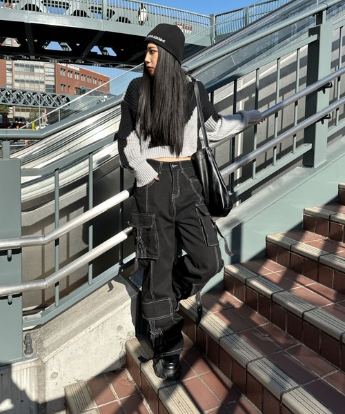 LVEU.（ラブユ.）の「【LVEU.】ステッチデザインデニムカーゴパンツ / ボトムス デニム パンツ ワイド ルーズ ブラック ステッチ ベルト カーゴ ワーク（カーゴパンツ・レディース・ブラック・FREE）」の15枚目の写真