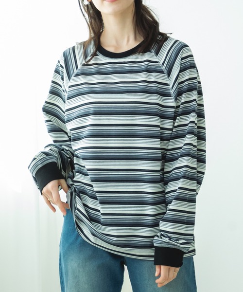 pairmanon(ペアマノン)の「【リンクコーデ】【ママサイズ】リブ配色 ステッチラグラン 長袖Tシャツ(Tシャツ/カットソー・レディース・ブラック系その他/ブラック・FREE)」の1枚目の写真