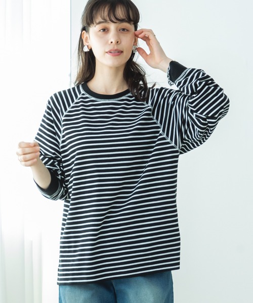 pairmanon(ペアマノン)の「【リンクコーデ】【ママサイズ】リブ配色 ステッチラグラン 長袖Tシャツ(Tシャツ/カットソー・レディース・ブラック系その他/ブラック・FREE)」の2枚目の写真
