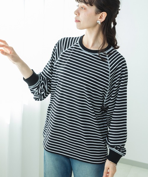 pairmanon(ペアマノン)の「【リンクコーデ】【ママサイズ】リブ配色 ステッチラグラン 長袖Tシャツ(Tシャツ/カットソー・レディース・ブラック系その他/ブラック・FREE)」の6枚目の写真