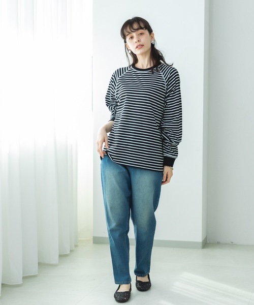 pairmanon(ペアマノン)の「【リンクコーデ】【ママサイズ】リブ配色 ステッチラグラン 長袖Tシャツ(Tシャツ/カットソー・レディース・ブラック系その他/ブラック・FREE)」の7枚目の写真