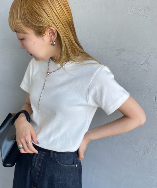 NOIR FABRIK（ヌワールファブリック）の「[NOIR FABRIK/ヌワールファブリック] コットンフライス 5分袖クルーネックTシャツ（Tシャツ/カットソー・レディース・オフホワイト/サックスブルー/スミクロ/ネイビー・0/1）」の2枚目の写真