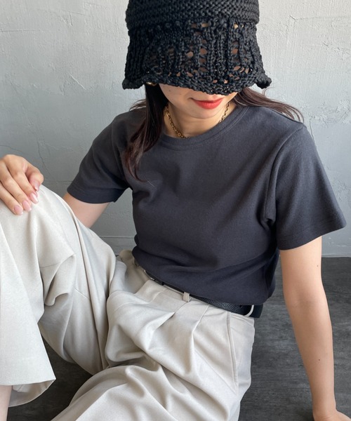 NOIR FABRIK（ヌワールファブリック）の「[NOIR FABRIK/ヌワールファブリック] コットンフライス 5分袖クルーネックTシャツ（Tシャツ/カットソー・レディース・オフホワイト/サックスブルー/スミクロ/ネイビー・0/1）」の3枚目の写真
