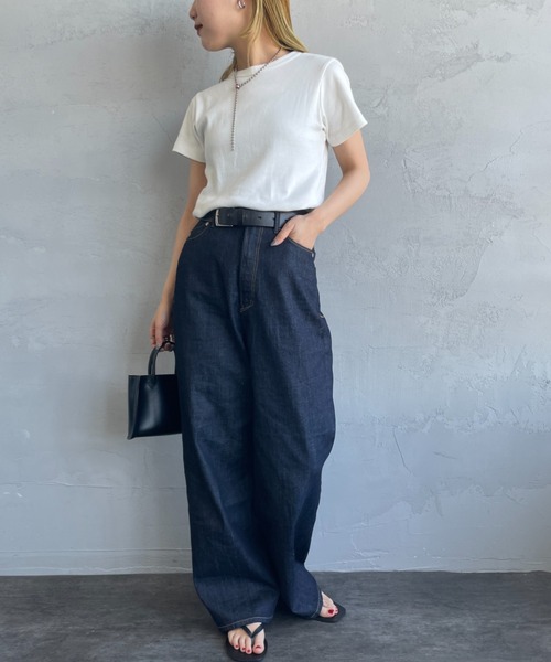 NOIR FABRIK（ヌワールファブリック）の「[NOIR FABRIK/ヌワールファブリック] コットンフライス 5分袖クルーネックTシャツ（Tシャツ/カットソー・レディース・オフホワイト/サックスブルー/スミクロ/ネイビー・0/1）」の9枚目の写真