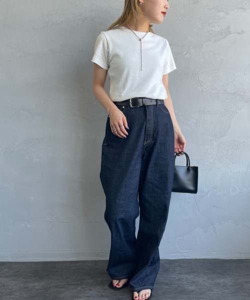 NOIR FABRIK（ヌワールファブリック）の「[NOIR FABRIK/ヌワールファブリック] コットンフライス 5分袖クルーネックTシャツ（Tシャツ/カットソー・レディース・オフホワイト/サックスブルー/スミクロ/ネイビー・0/1）」の16枚目の写真