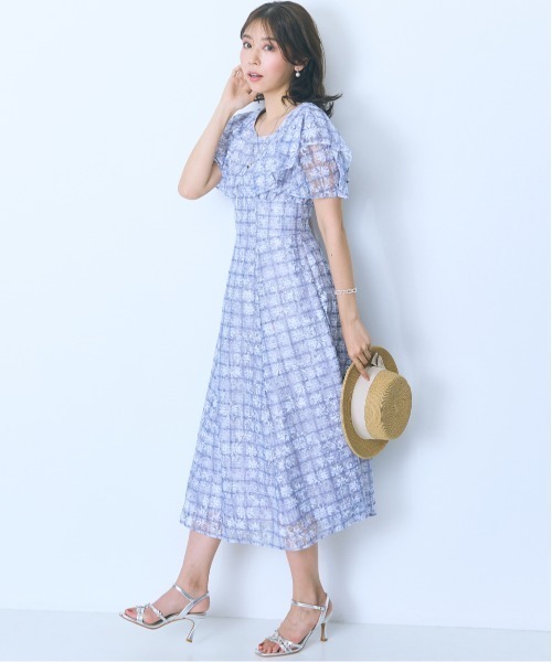 デザイン　ワンピース セール】＜大きいサイズ＞ チェック×花柄レースデザイン