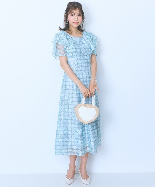 セール】＜大きいサイズ＞ チェック×花柄レースデザインワンピース