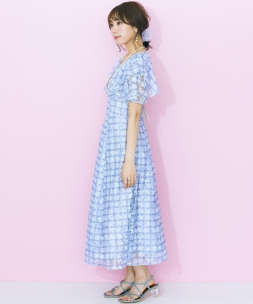 marun（マルン）の「＜大きいサイズ＞ チェック×花柄レースデザインワンピース marun（ワンピース・レディース・ラベンダー/ブルーグリーン/ミント・LL/3L/4L/5L/L）」の9枚目の写真
