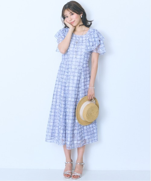 大きいサイズ＞ チェック×花柄レースデザインワンピース marun
