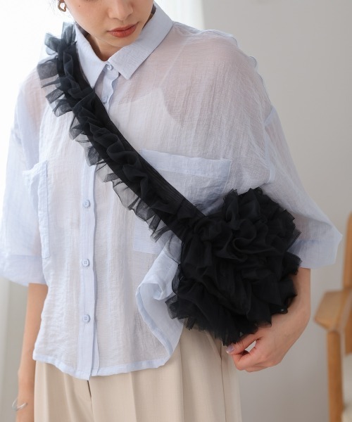 Bab（バブ）の「オーガンジーチュールフリルボディーバッグ（ボディバッグ/ウエストポーチ・レディース・ライトグレー/アイボリー/ブラック・FREE）」の17枚目の写真