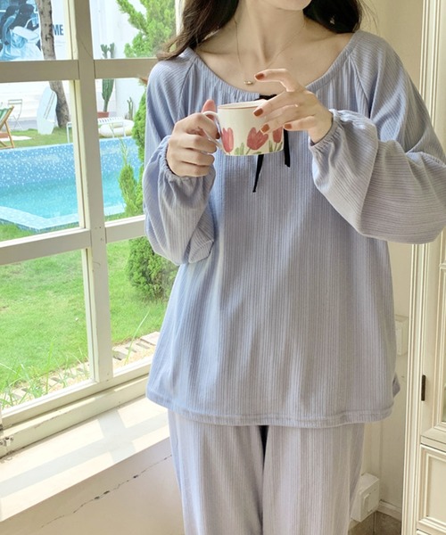 セール】2点セットルームウェア リボン付きトップス＆パンツ