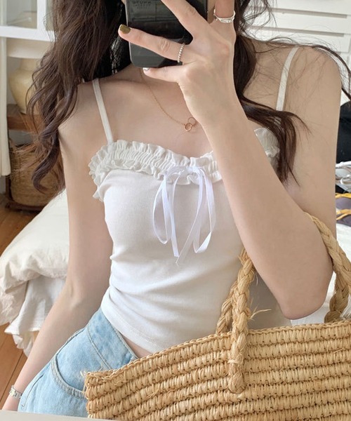 Chick(チック)の「フリル ×リボンキャミソール(キャミソール・レディース・グレー/ブラック/ホワイト・FREE)」の2枚目の写真