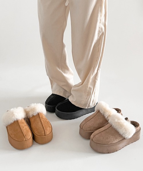 セール】【新色追加】軽量厚底 かかとバンド付 ボア ムートンサンダル